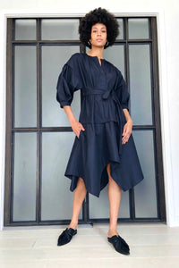 japanese pleated dress Japanese Striped Day Dress with Drawstring Details